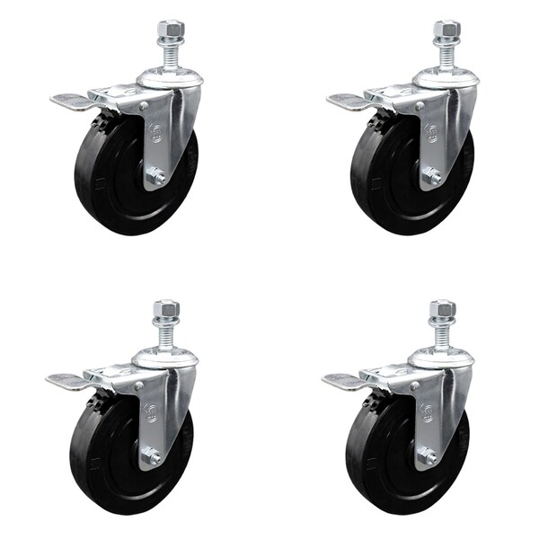5 Inch SS Soft Rubber Swivel 12mm Threaded Stem Caster Set Total Lock Brake